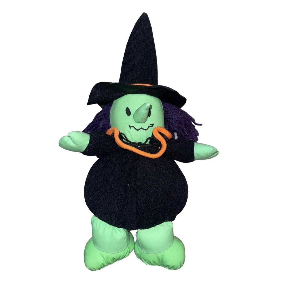 Halloween Green Witch Plump Plush Stuffed Toy Decoration Purple Hair 12 In